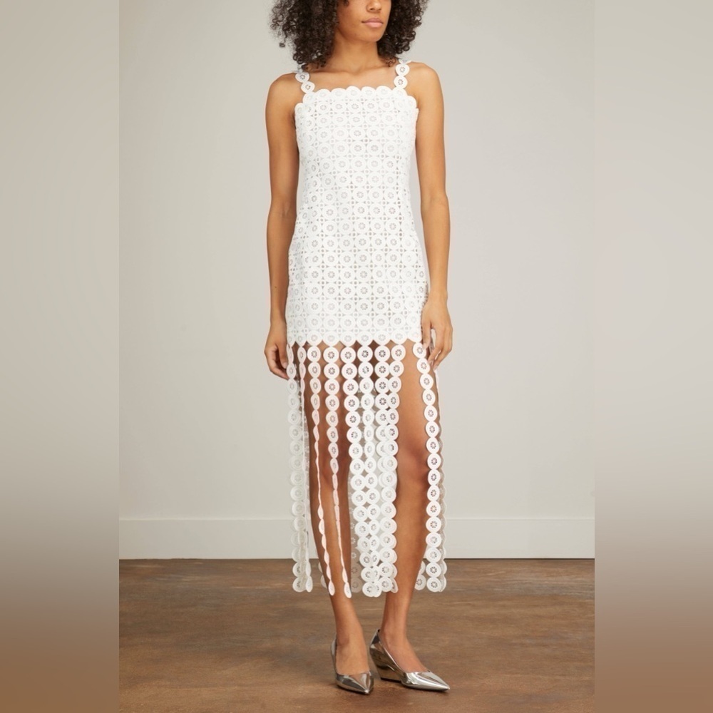 New York & Company Just Me Square Neck Circle Lace White Fringe Dress - Picture 2 of 15